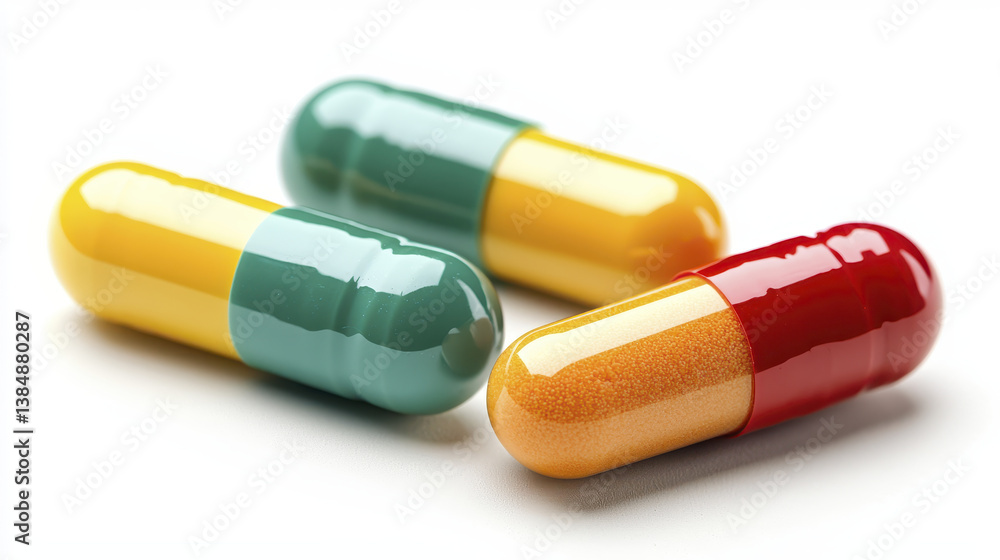 Colorful capsules in green, yellow, and red, representing health and wellness, are displayed against clean background Colorful capsules in green, yellow, and red, representing health and wellness, are displayed against clean background