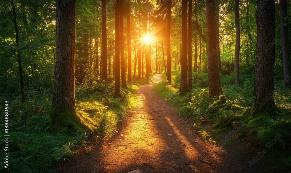 Fototapeta premium Sunlight Streaming Through Trees on Serene Forest Pathway