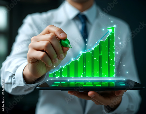 Business professional analyzing sustainability growth data on a digital tablet with futuristic green energy graphics.