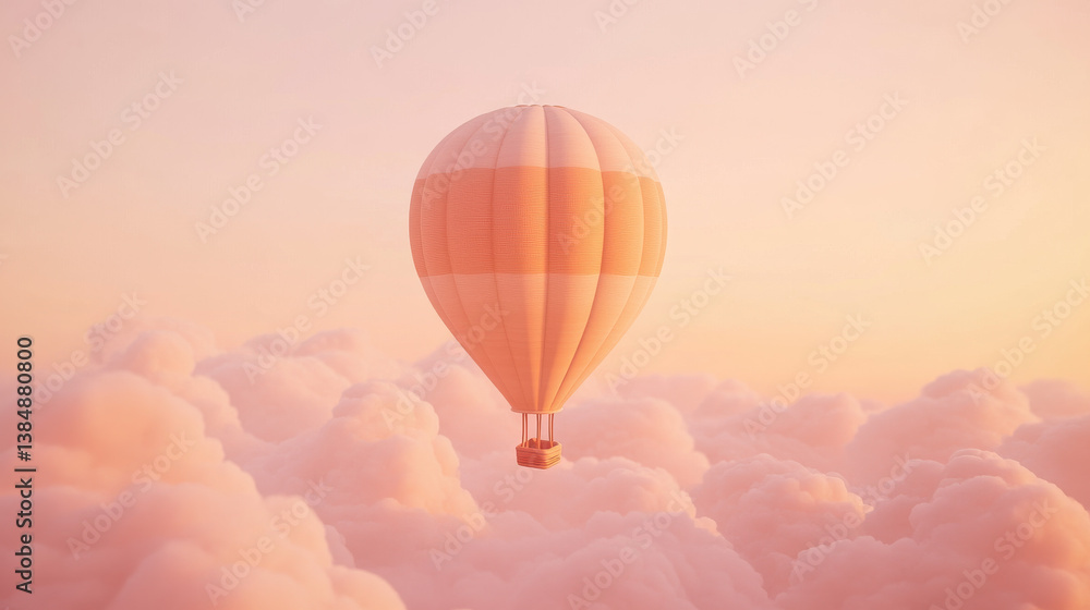 Fototapeta premium A soft beige hot air balloon with thin tan stripes, calmly hovering above layered dusk clouds, horizon kissed by warm light