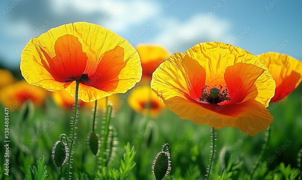 Fototapeta premium Vibrant orange poppy flowers blooming in sunny field with blue sky background