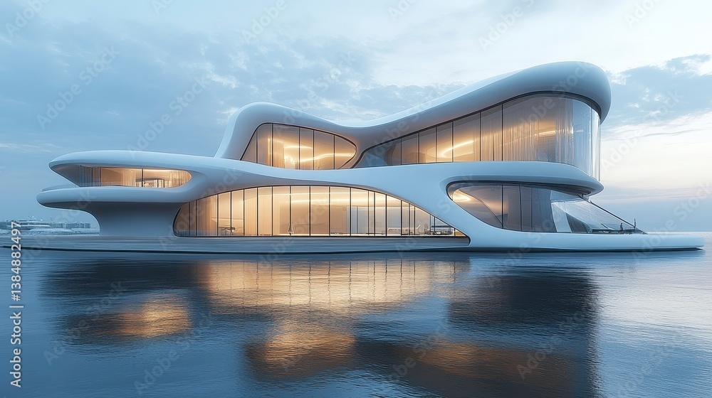 Fototapeta premium Modern architectural design of sleek home by calm water at sunset