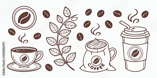 Hand Drawn Coffee Doodle Vector Set: Beans, Cup, Plant Branch, Bag, To Go Cup - Line Art Cafe Beverage Design, Coffee Shop Graphics, Cafe Menu, Drink Items