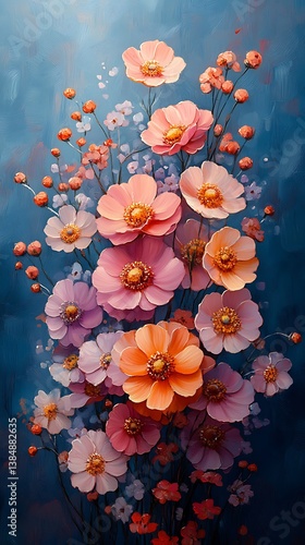 Vibrant Bouquet of Pink and Orange Flowers with Golden Centers on Soft Blue Background