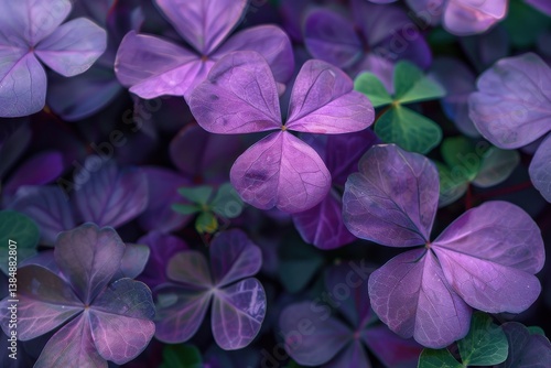 Vibrant purple clover leaves create a stunning natural carpet in a shaded forest area