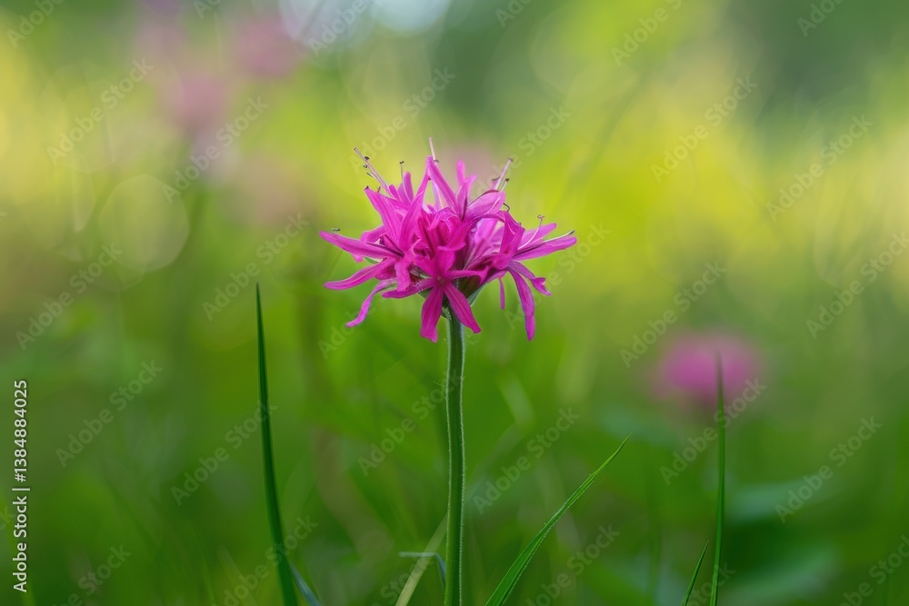 Vibrant pink wildflower blooming in a lush green meadow during sunny spring afternoon Vibrant pink wildflower blooming in a lush green meadow during sunny spring afternoon