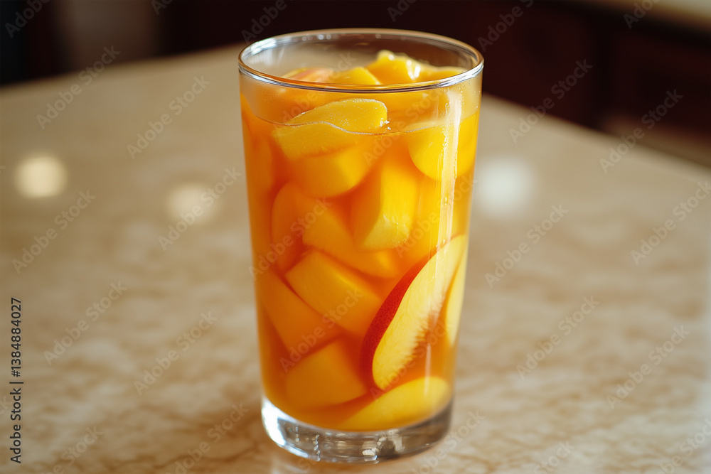 Glass of Iced Peach Tea with Peach Slice Garnish: Spicy and Fruity Summer Drink in Kitchen. Glass of Iced Peach Tea with Peach Slice Garnish: Spicy and Fruity Summer Drink in Kitchen.