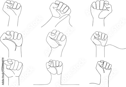 Set of raised fist one line art vector illustration
