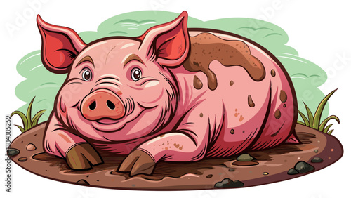 funny pig resting in a muddy patch with textured skin and realistic mud effects
