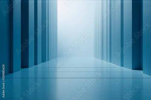 A serene blue corridor with vertical pillars guides the eye to a bright, illuminated end. The reflective floor enhances the sense of depth and modern design.