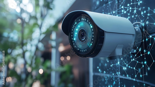 An AI driven home security system identifying faces and detecting unusual movements to alert homeowners of potential intruders, Security technology style, photo of