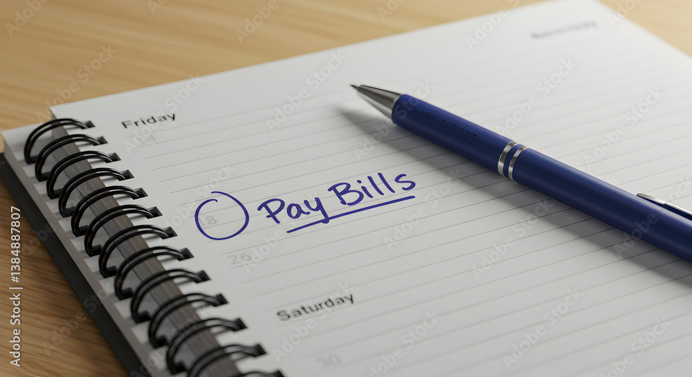 Open Notepad on Wooden Table with Pay Bills Written in Blue Ink and Ballpoint Pen Open Notepad on Wooden Table with Pay Bills Written in Blue Ink and Ballpoint Pen