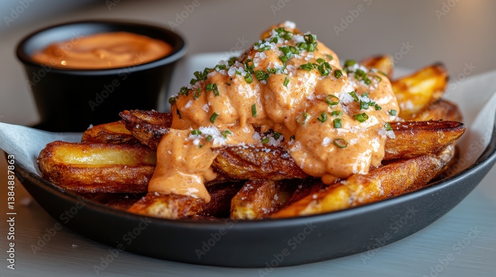A tantalizing serving of crispy, golden-brown fried potatoes topped with a generous dollop of spicy sauce and sprinkled with chives, perfect for snacking or sharing. A tantalizing serving of crispy, golden-brown fried potatoes topped with a generous dollop of spicy sauce and sprinkled with chives, perfect for snacking or sharing.