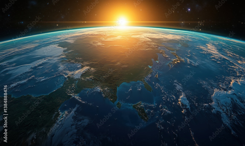Fototapeta premium Stunning sunrise over Earth showcasing Asia and Pacific Ocean from space