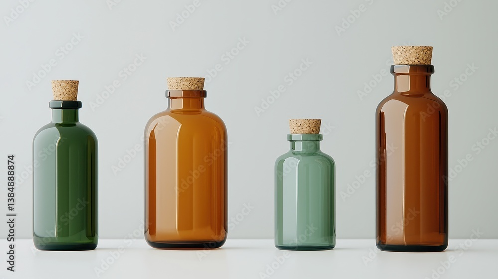 Collection of Glass Bottles with Cork Stoppers on a Minimalistic Background in Various Sizes and Shapes Collection of Glass Bottles with Cork Stoppers on a Minimalistic Background in Various Sizes and Shapes