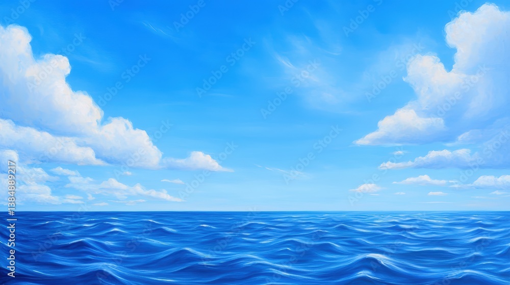 Obraz premium A serene seascape featuring a vast blue ocean under a bright sky filled with fluffy white clouds.