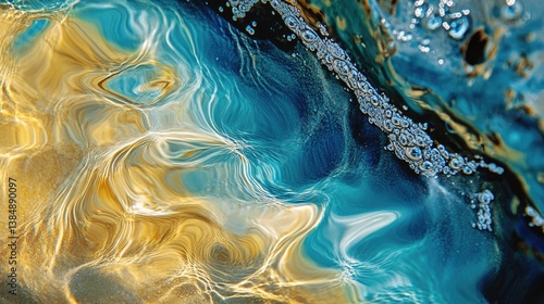 Abstract Colorful Patterns of Blue and Gold Waves in Fluid Motion Under Water Surface