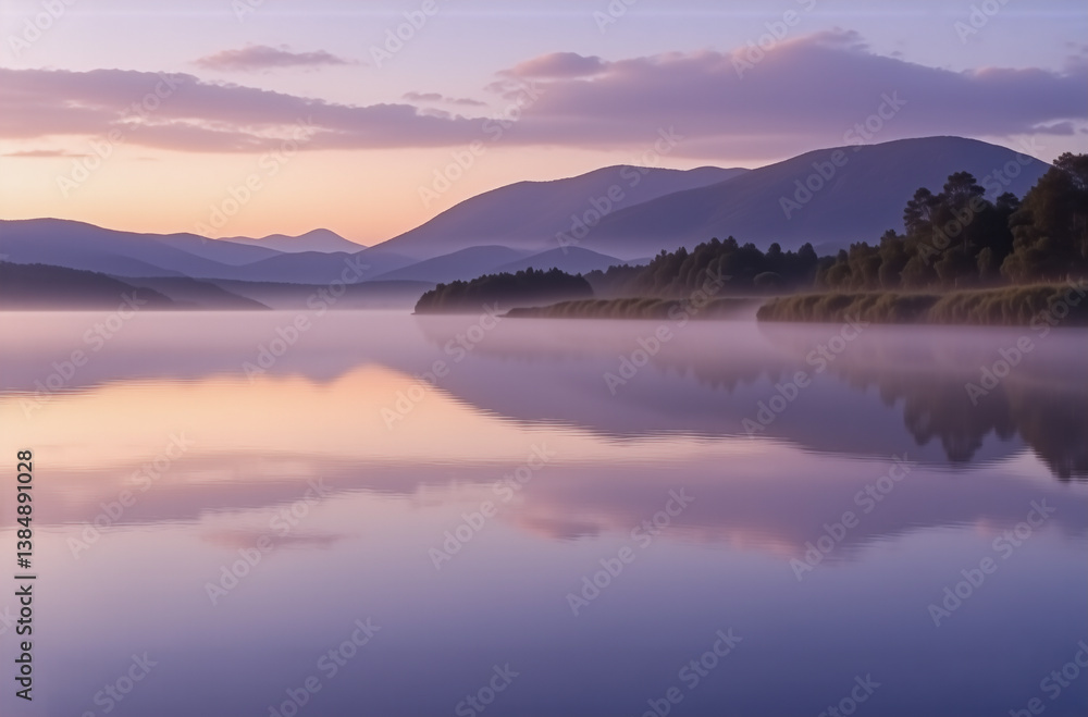 Fototapeta premium A tranquil landscape featuring a still lake mirroring distant mountains and trees at dawn, bathed in soft hues of purple and orange with a gentle mist.