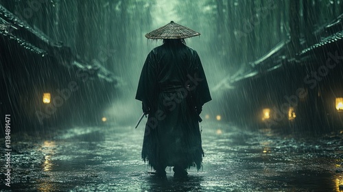 Lone Ronin in the Rain: A solitary samurai stands in the rain, a lone figure in a traditional robe and hat, evoking a sense of mystique and adventure in an atmospheric scene. 