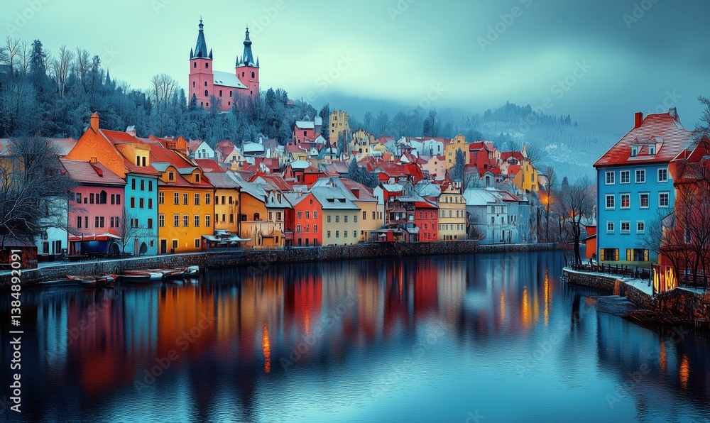 Obraz premium Colorful riverside town with historic buildings and reflections in water during winter