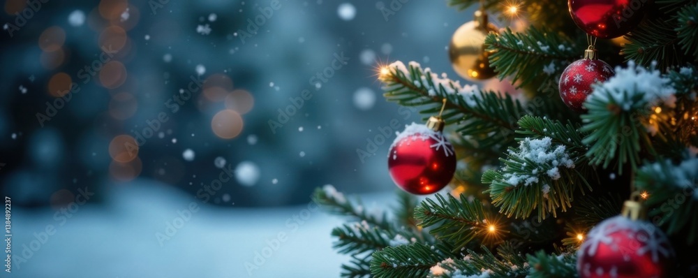 Snowflakes fall gently on a decorated Christmas tree, snowfall, peaceful atmosphere, snowflakes Snowflakes fall gently on a decorated Christmas tree, snowfall, peaceful atmosphere, snowflakes