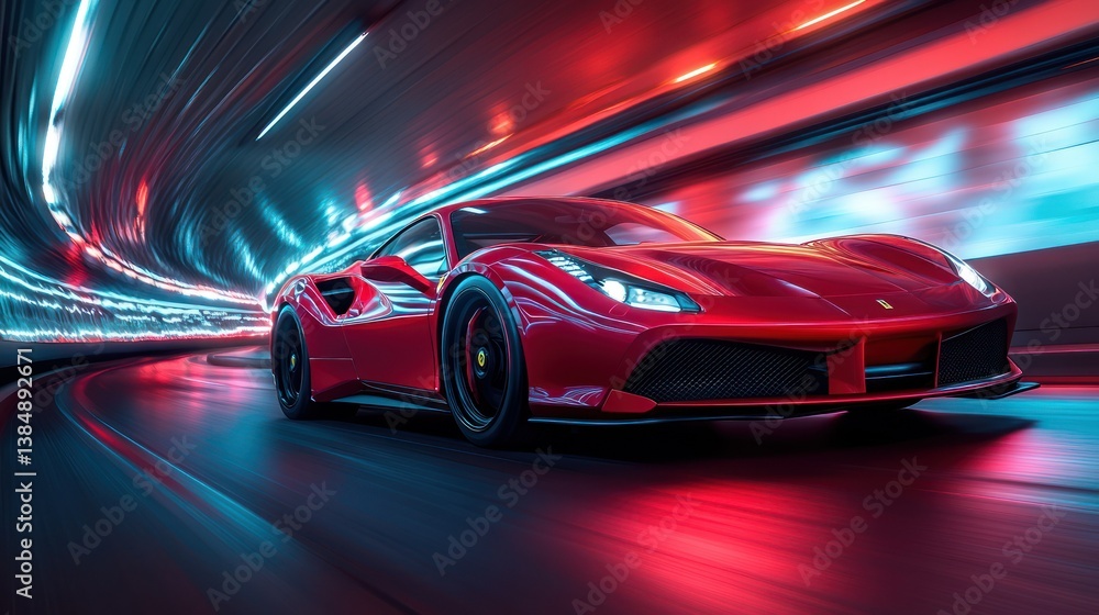 Racing Red: A sleek, dynamic red car speeds through a tunnel of neon lights, capturing speed and luxury. Racing Red: A sleek, dynamic red car speeds through a tunnel of neon lights, capturing speed and luxury.