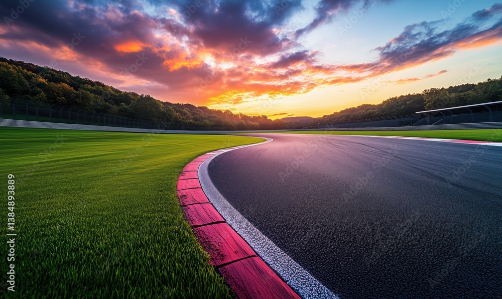 Naklejka premium Racing track at sunset with vibrant clouds and lush green surroundings
