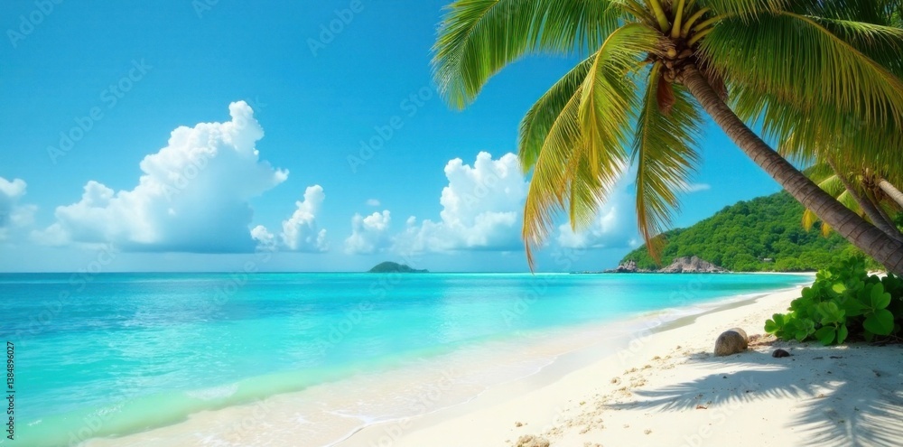 Tranquil palm trees sway above turquoise waters on a sandy tropical beach with an island in the background, nature, beach, coastal Tranquil palm trees sway above turquoise waters on a sandy tropical beach with an island in the background, nature, beach, coastal
