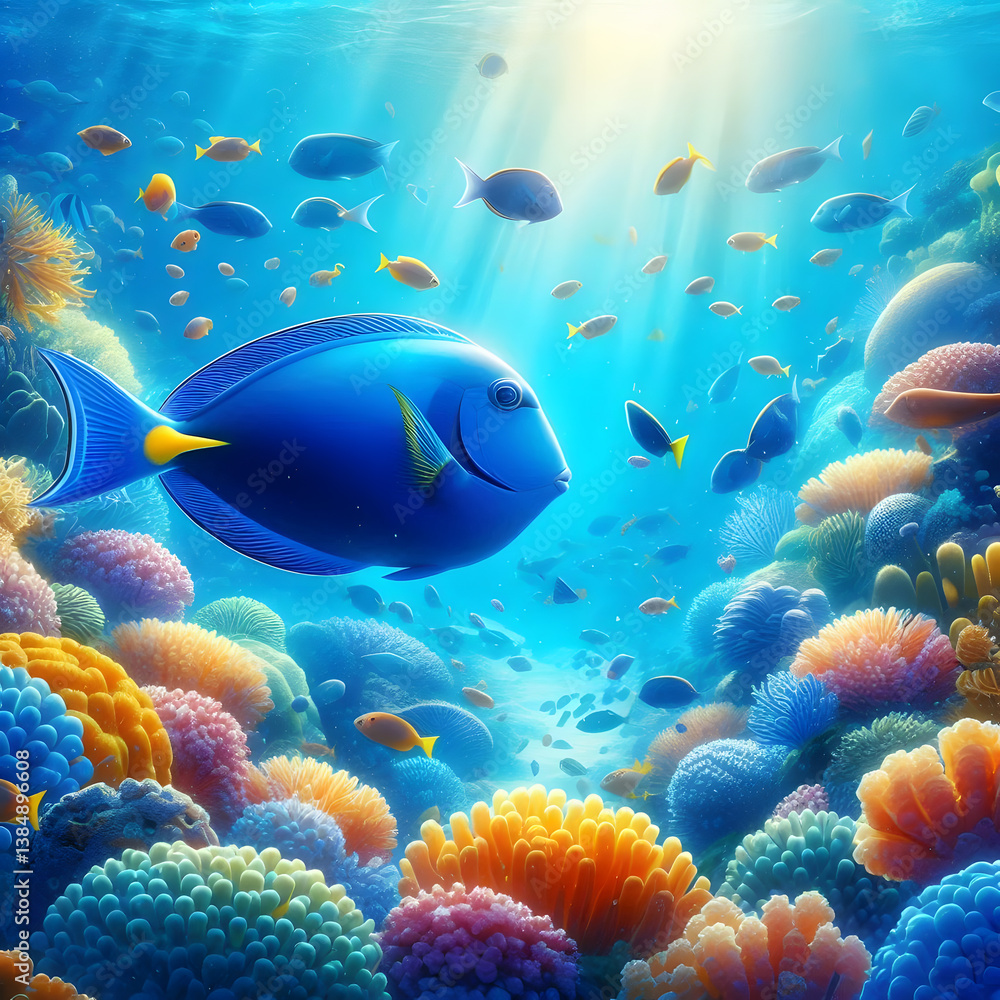 Obraz premium Blue surgeonfish, coral reef with fish