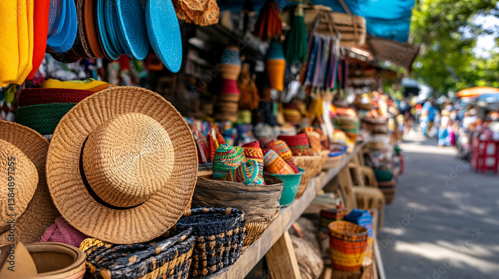 Fototapeta premium vibrant market scene filled with colorful handmade crafts, including woven hats, baskets, and textiles, showcasing rich culture and artistry of local community