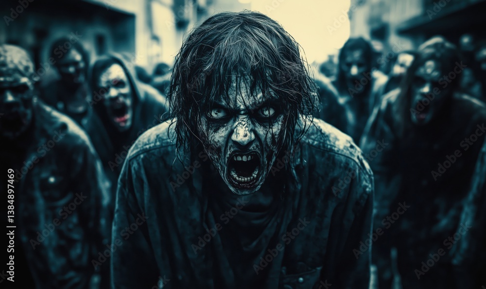 Terrifying zombie horde with menacing expressions in desolate urban setting Terrifying zombie horde with menacing expressions in desolate urban setting