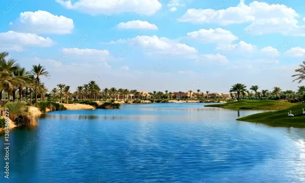 Al Qudra Lakes with desert oasis and swans Al Qudra Lakes with desert oasis and swans