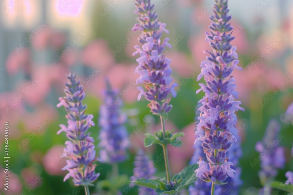 Obraz premium Beautiful purple flowers bloom in a vibrant garden at sunset in the early summer