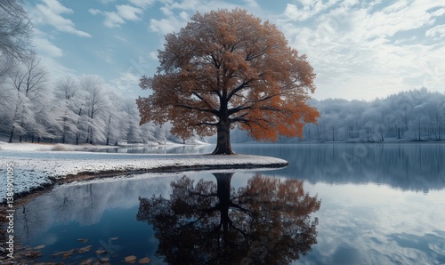 Majestic autumn tree reflecting in tranquil lake surrounded by winter landscape
