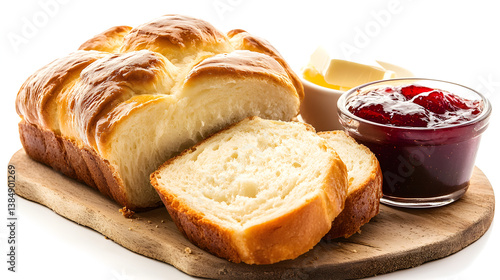 A warm loaf of brioche bread with golden-brown texture, served with jam and butter