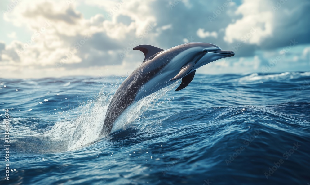 Fototapeta premium Dolphin leaping out of ocean waves under cloudy sky during sunset
