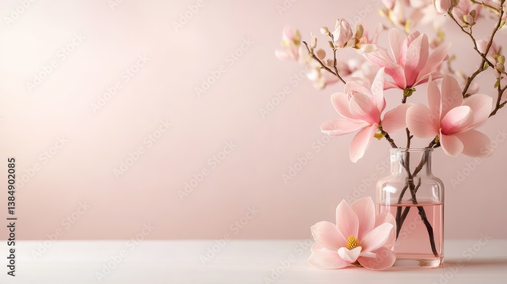A striking display of pink magnolia flowers in a glass vase, alongside a loose flower resting on the table, emphasizing the beauty and elegance of nature in a serene setting. A striking display of pink magnolia flowers in a glass vase, alongside a loose flower resting on the table, emphasizing the beauty and elegance of nature in a serene setting.