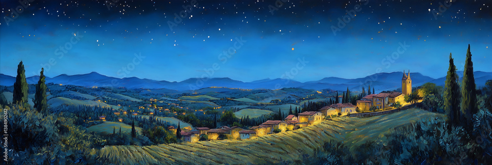 Fototapeta premium Valle iluminado al anochecer con cielo estrellado y montañas