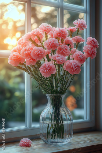 Wallpaper Mural Petal Perfect: Carnations in a Vase by a Window, softly lit by sunlight, an exquisite composition, evoking tranquility and freshness. Torontodigital.ca