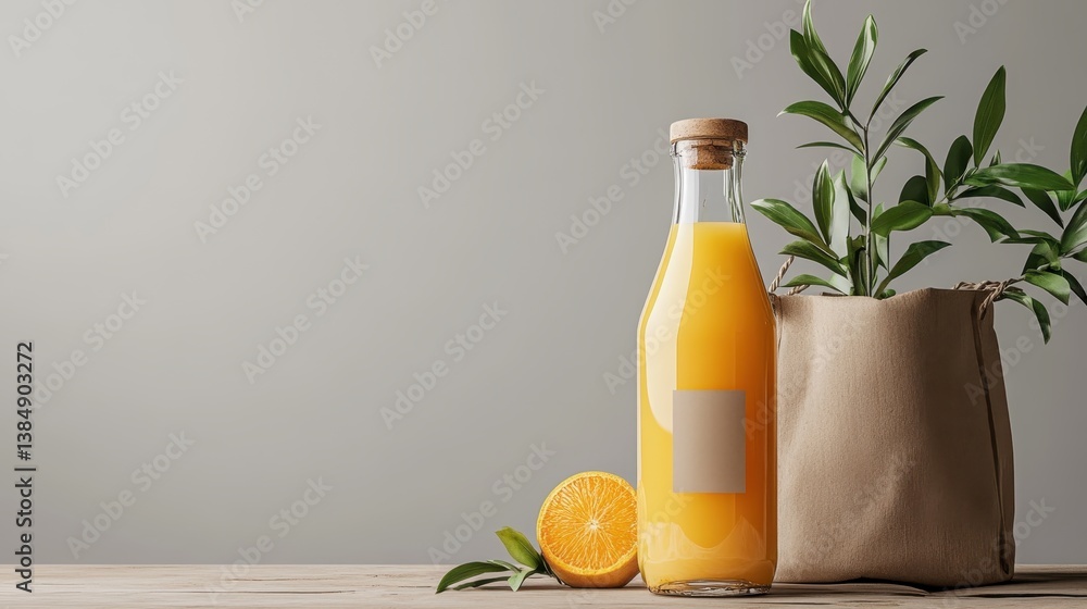 Fresh orange juice is served in a glass bottle alongside a halved orange, beautifully displayed with lush green leaves, conveying a healthy and refreshing lifestyle. Fresh orange juice is served in a glass bottle alongside a halved orange, beautifully displayed with lush green leaves, conveying a healthy and refreshing lifestyle.