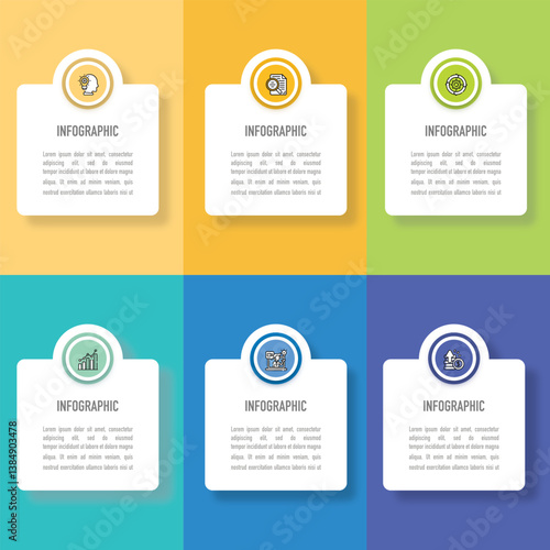 Rectangular infographic template or element with 6 step, process, option, colorful rectangle, icons, triangle, paper origami, button, tag, circle, circular, square bar for sale slide, internet planner