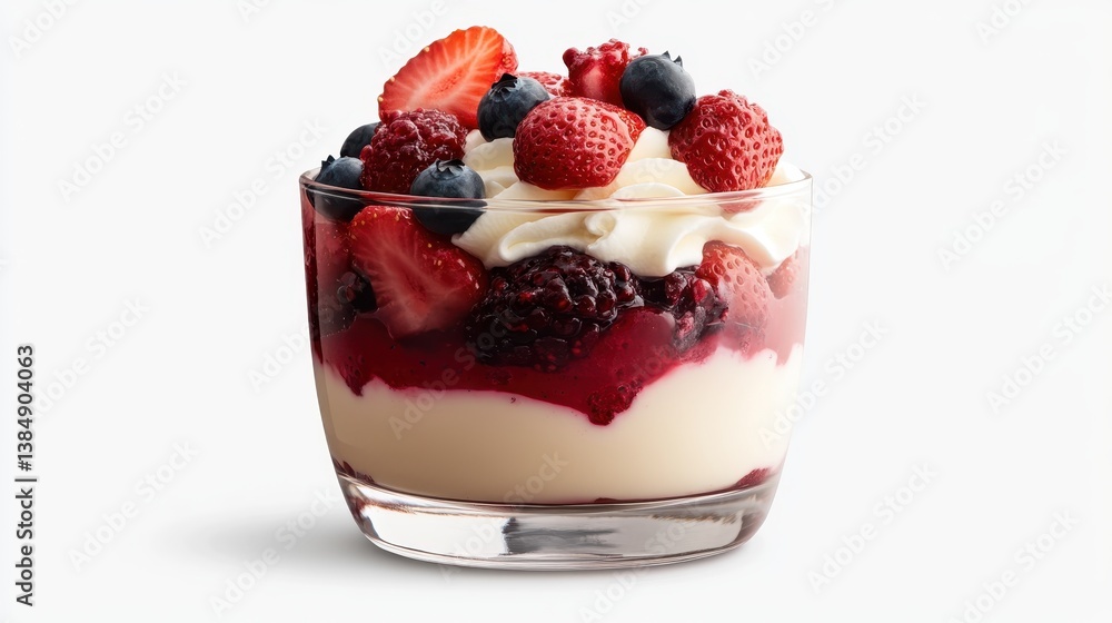 A delightful dessert of mixed berries layered with cream, presented in a glass cup, showcasing the vibrant colors and textures that evoke sweetness and indulgence. A delightful dessert of mixed berries layered with cream, presented in a glass cup, showcasing the vibrant colors and textures that evoke sweetness and indulgence.