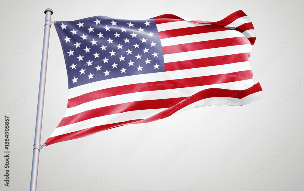 Obraz premium American flag waving in the wind against the sky with red, white, and blue stripes and stars, symbolizing patriotism and freedom