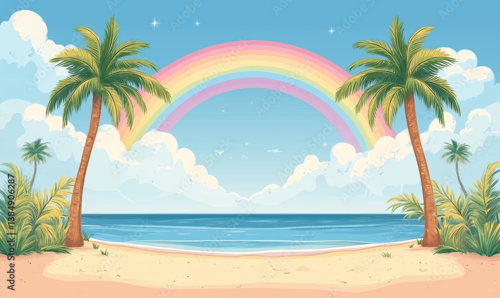 Tropical beach scene with palm trees and vibrant rainbow over ocean Tropical beach scene with palm trees and vibrant rainbow over ocean
