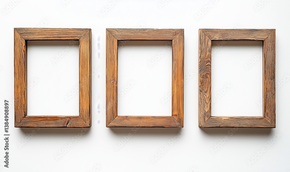 Empty wooden photo frames arranged in a row on white background Empty wooden photo frames arranged in a row on white background