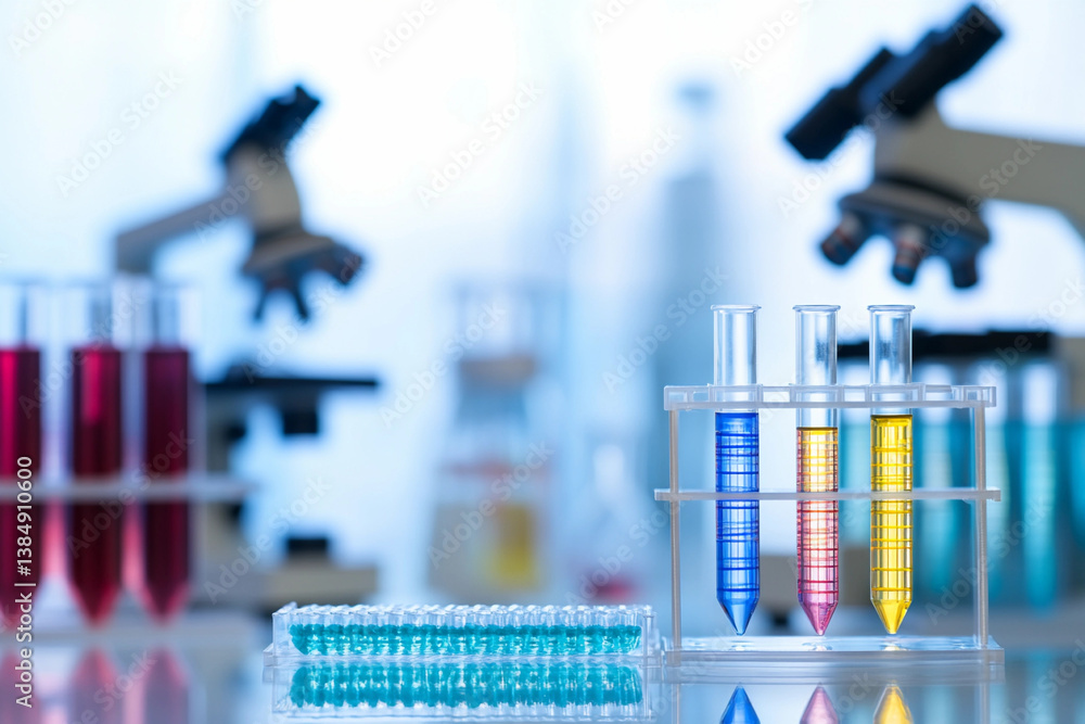 Laboratory setup for DNA preparation with various samples and equipment present Laboratory setup for DNA preparation with various samples and equipment present