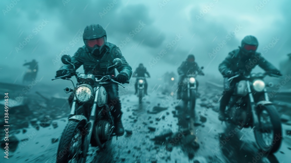 Bikers ride through a stormy landscape, showcasing a dramatic scene filled with rain, fog, and debris, emphasizing adventure and resilience. Bikers ride through a stormy landscape, showcasing a dramatic scene filled with rain, fog, and debris, emphasizing adventure and resilience.