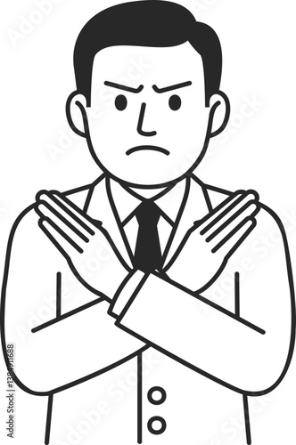 Angry businessman solid icon crossing arms in X sign, vector.