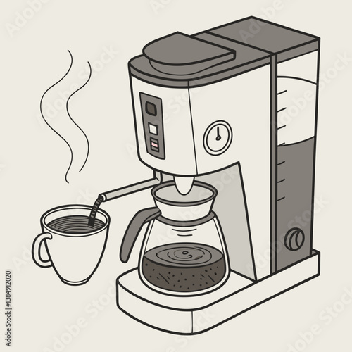Coffee maker brewing fresh coffee with steaming cup  