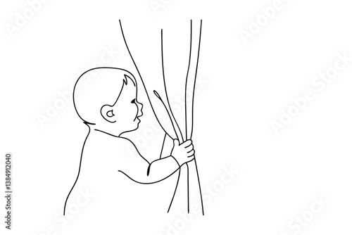 Curious Baby Peeking Through Drapes, Line Art Drawing, Childs Exploration